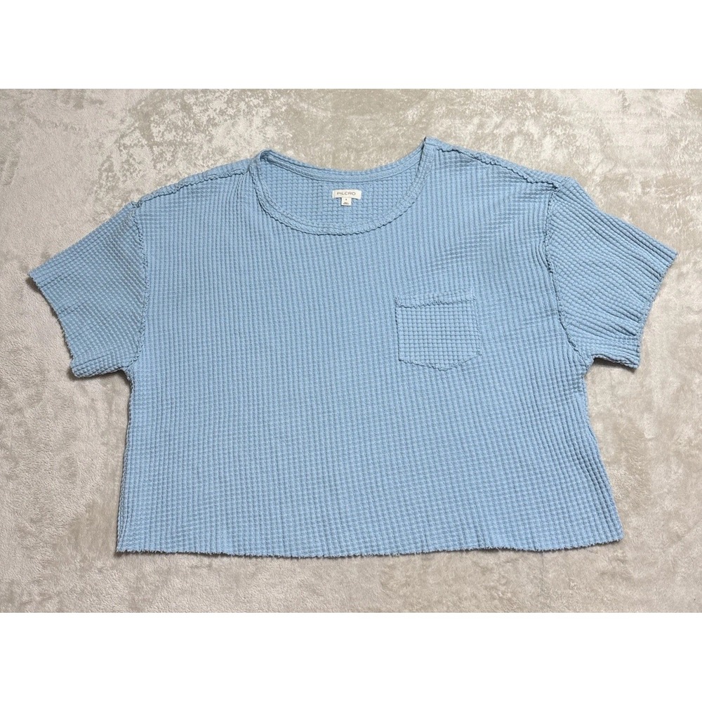 Anthropologie Pilcro Cotton Waffle Knit Top Womens Small Blue Short Sleeve Crop